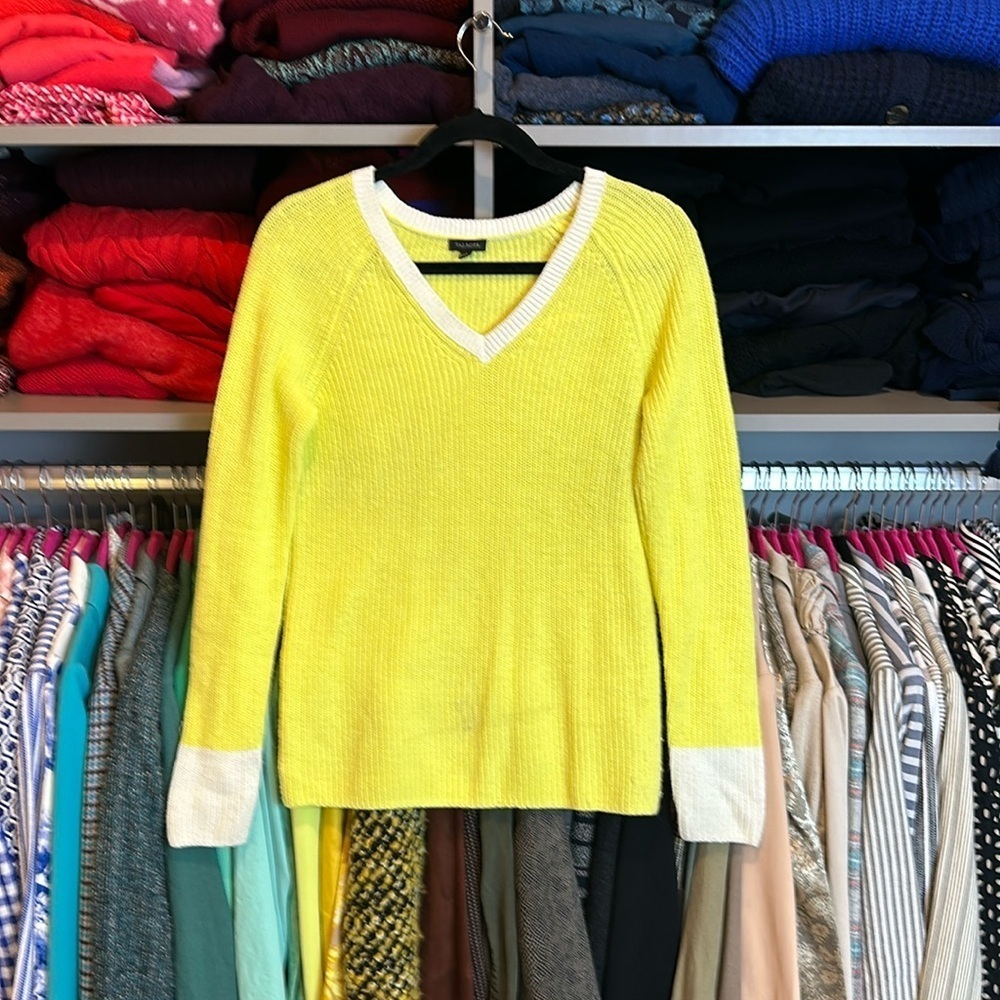 Talbots yellow with white trim long sleevee v neck sweater size XS​